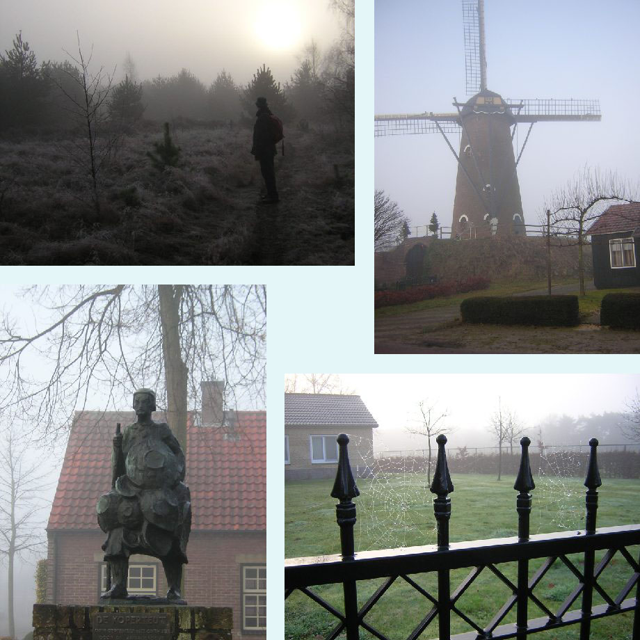 mist op de hei, molen en koperteut in Luyksgestel, spinnenijver