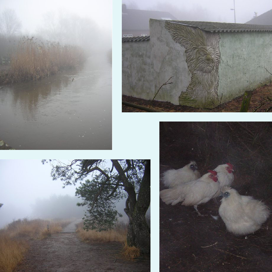 Dommel in de mist, apart stucwerk, de Malpie in de mist, kerstkippen