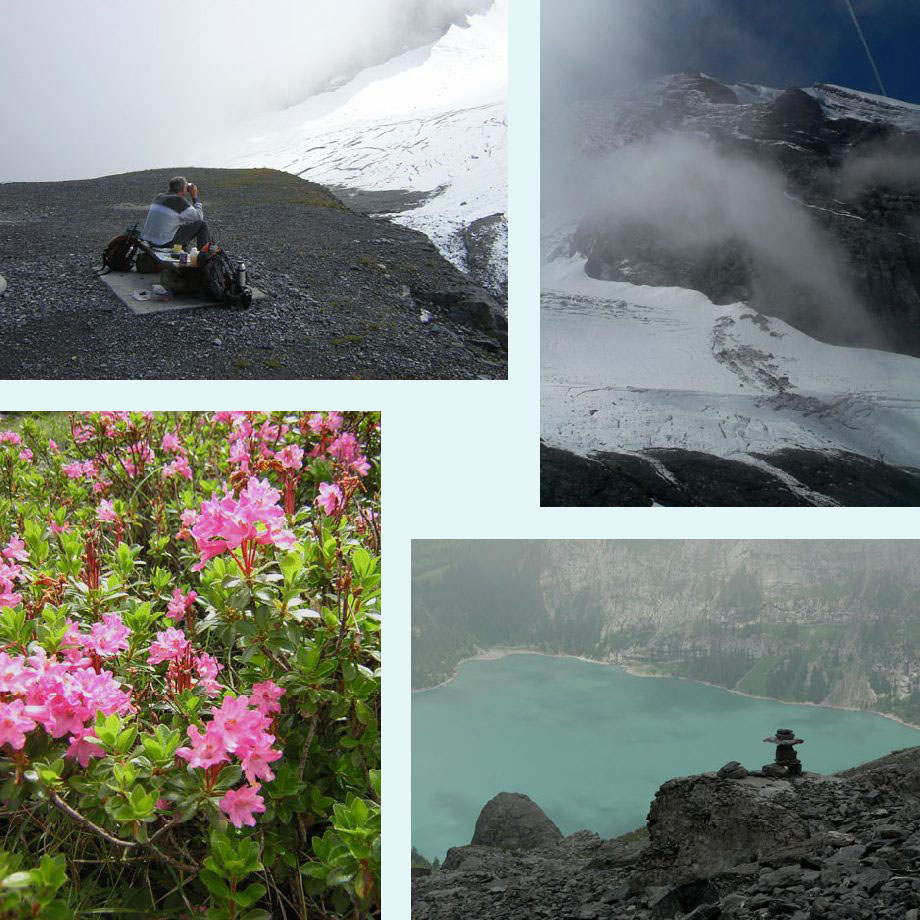 wachten op een gaatje, het gordijn gaat open, alpenroosje, wazige Oeschinensee