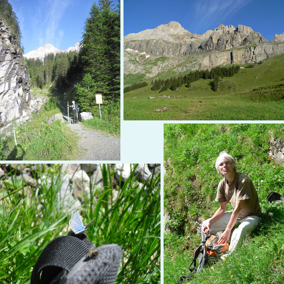 het �schinental in, ochtendzon op de bergkam, dol op zweet, pauze