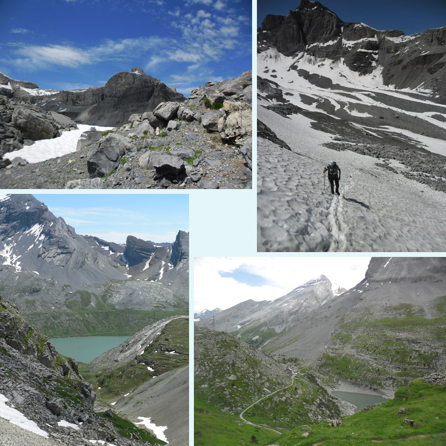 op weg naar de Rote Chumme, door de sneeuw, zicht op de Daubensee, daar is Schwarenbach