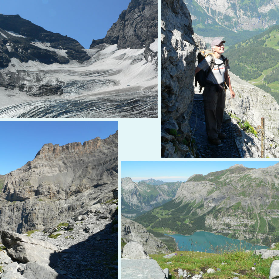 Frundengletsjer, weer naar beneden, imposante rotsformaties, Oeschinensee in de diepte