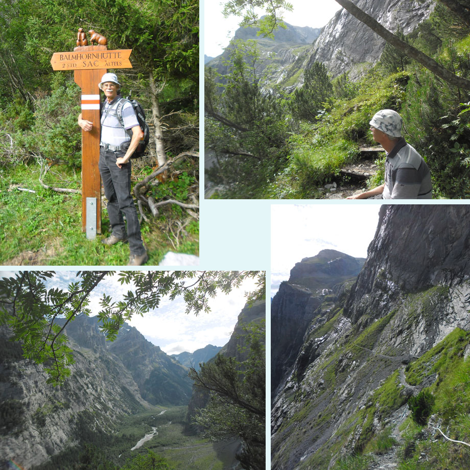 instap van het huttenpad, eerste pauze, het Gasterental diep beneden, tegen de bergwand gekleefd