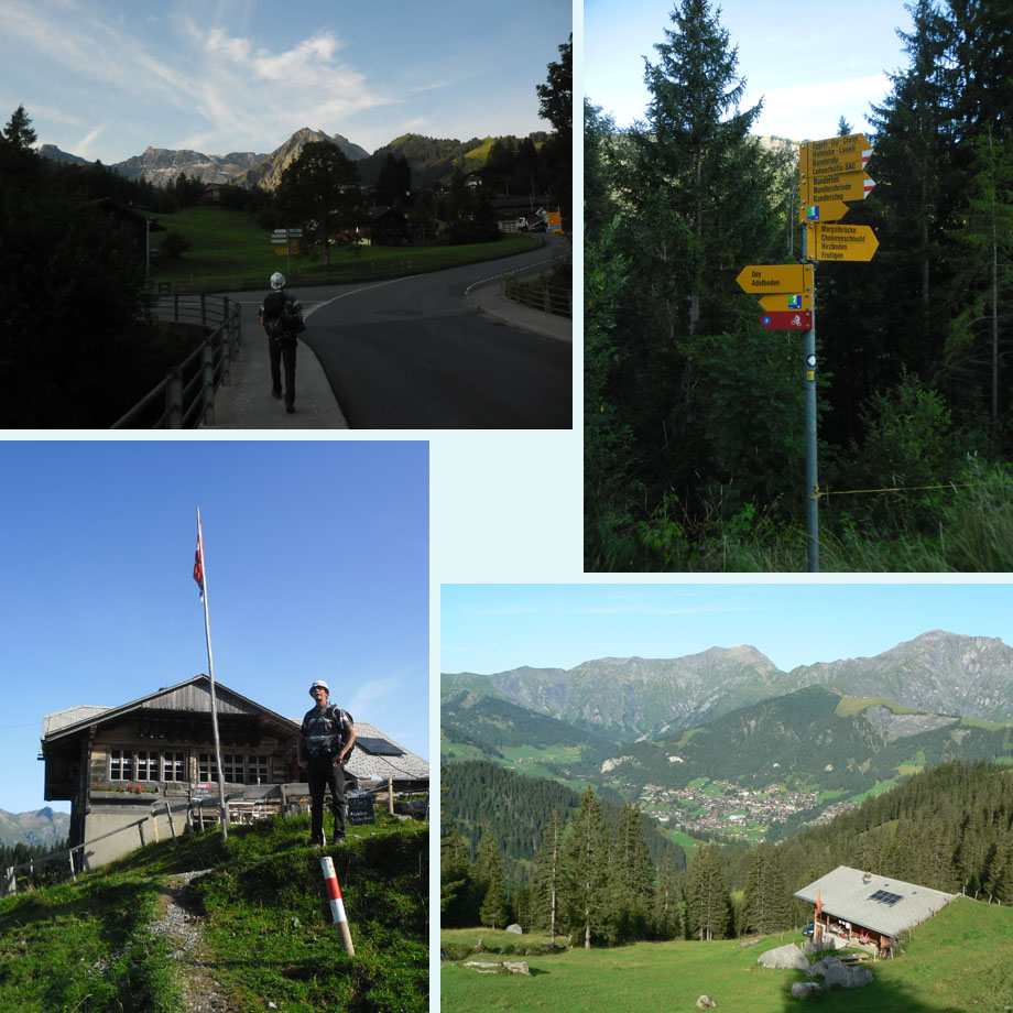 op pad in Adelboden, de juiste richting, almhut, zicht op Adelboden