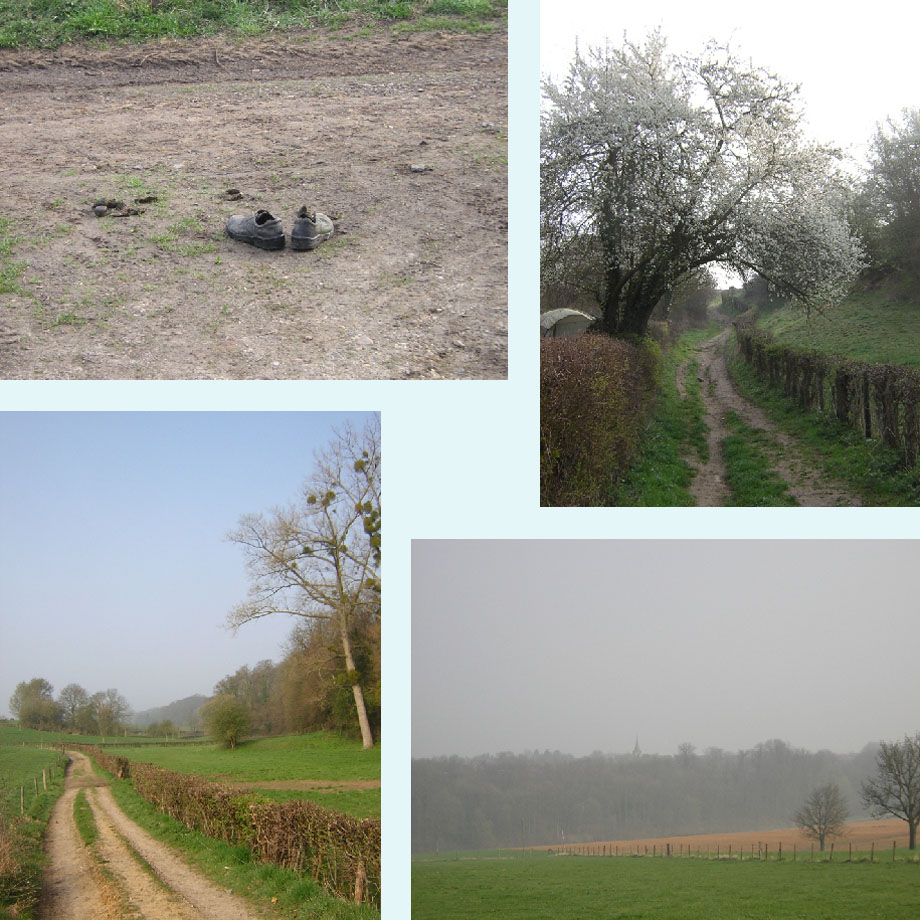 uitgewandeld?, de sleedoorn bloeit, veldweg, kerkje van St. Geertruid