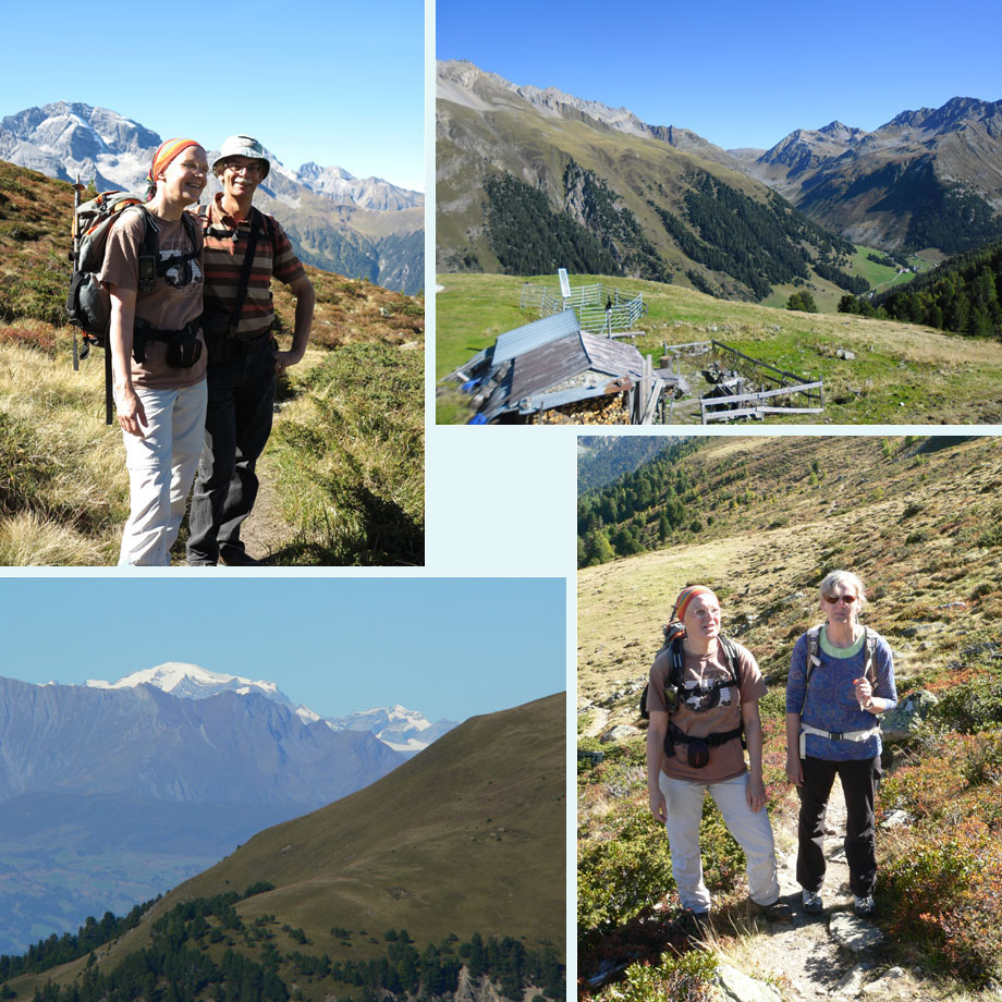wandelaars in de zon, alphutje, sneeuw op de bergtoppen