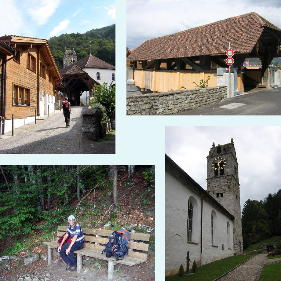 op pad, overdekte brug, lunchbank, kerk van Gsteig