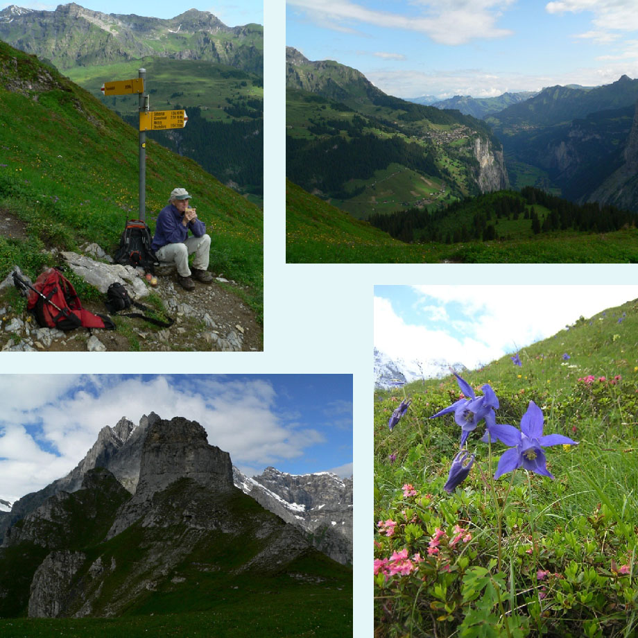 pauze op de Busengrat, uitzicht op Murren, Gspaltenhorn, alpenakeleien