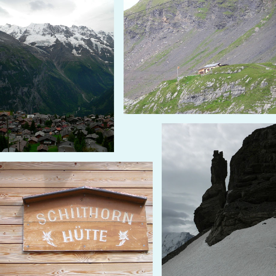 boven M�rren, hut in de verte, Schilthornhutte, rotskopje