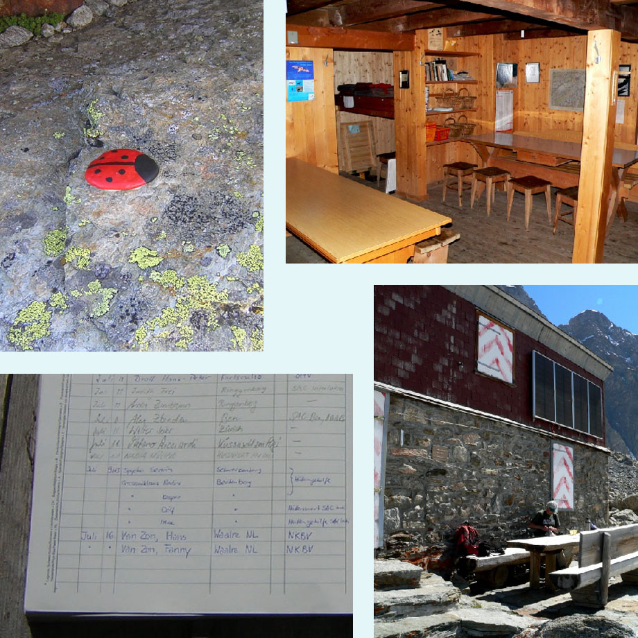 wegwijzer bij de hut, interieur, huttenboek, Rottalhutte