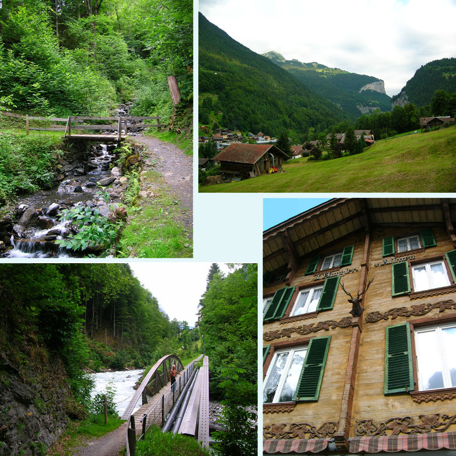 watervalletje, het dorp uit, brug over de Lutschine, houten hert