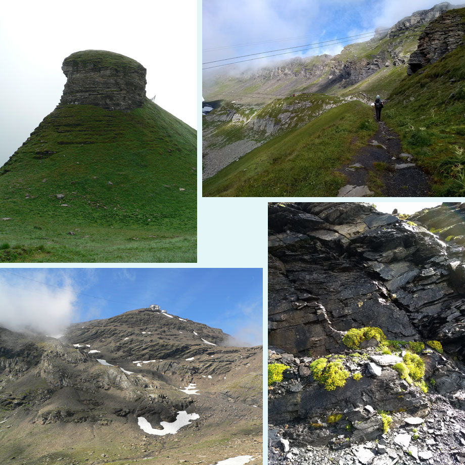 schoorsteentje, bijna bij de Schilthornhutte, de bewolking trekt op, steenbreek