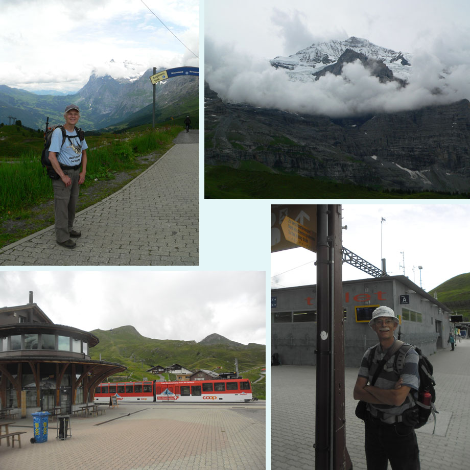 bij Kleine Scheidegg; niet wolkenloos; daar gaat de trein; naar de wandelpaden