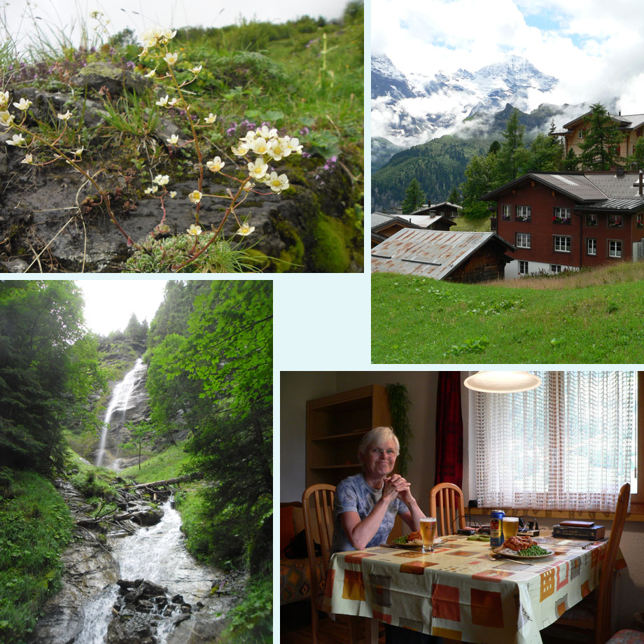 steenbreek; de eerste huizen van Murren; alweer een waterval; diner van Zwitsers formaat
