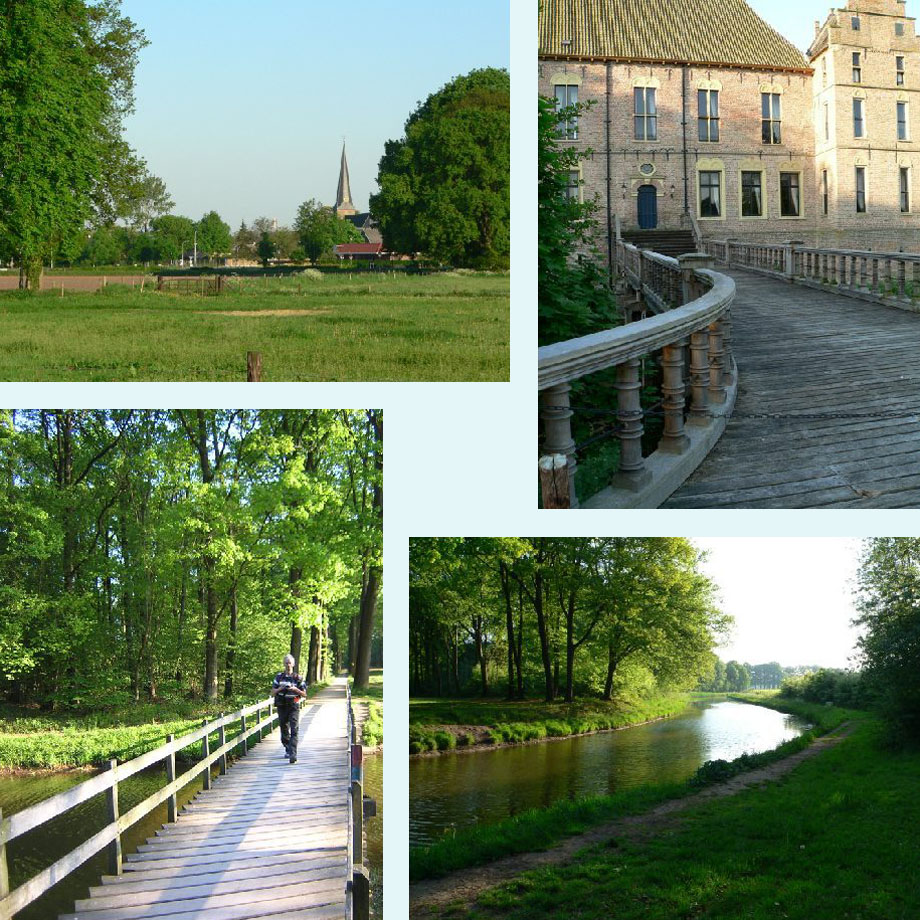 zicht op Vorden, toegang tot het kasteel, brug in het kasteelpark, rustig water
