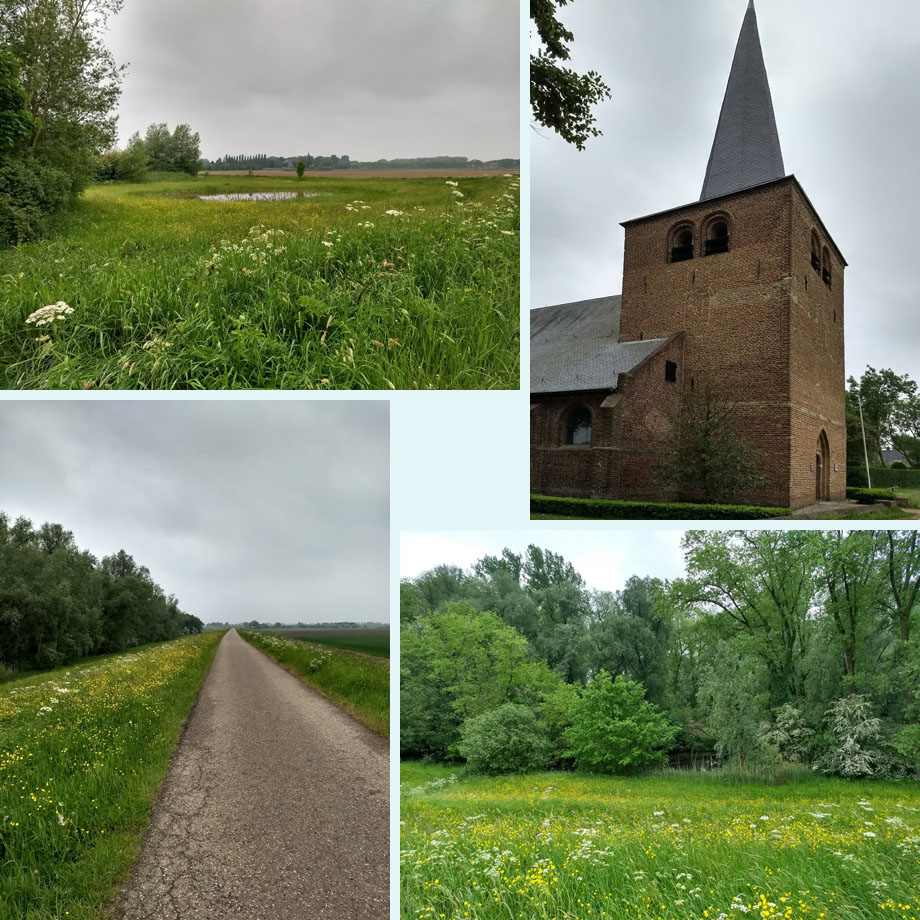voorbij Grave, kerkje van Velp, een lange dijk, verborgen water