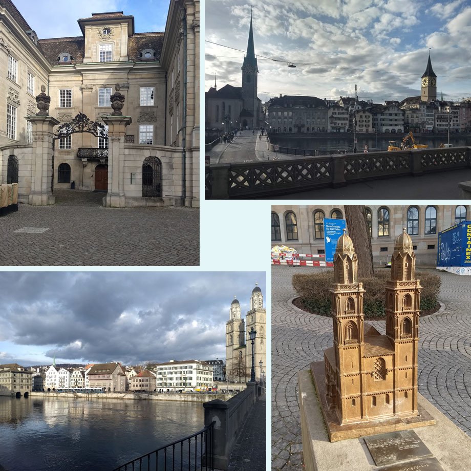 sjiek optrekje, langs beide zijden van de Limmat, Grossmunster voor blinden