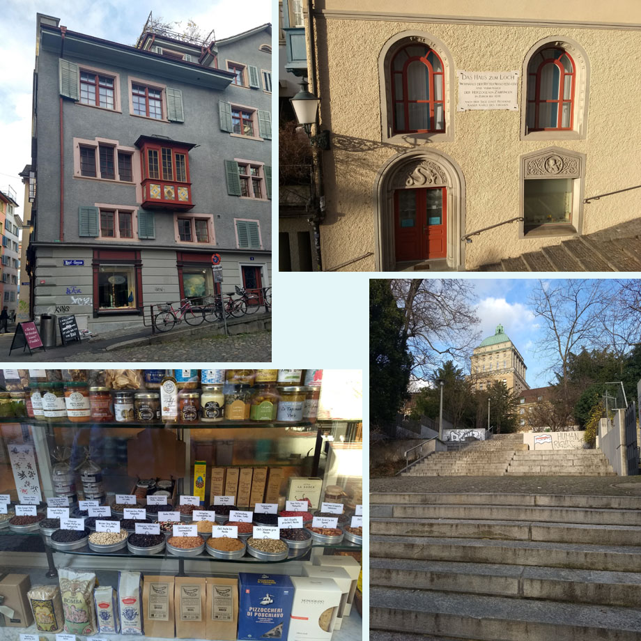 huis met boventuin, Haus zum Loch, Kolonialwaren, naar de universiteit