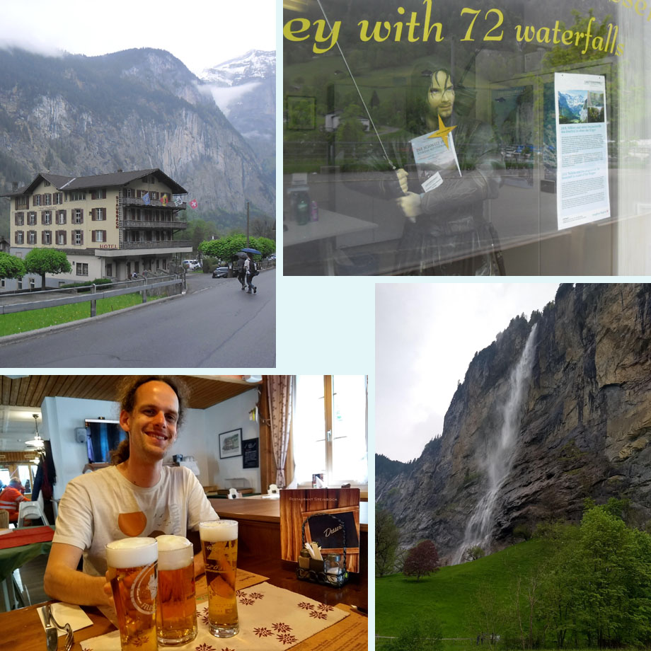 aankomst in Lauterbrunnen; Aragorn maakt reclame; 'this is what I call a pint'; Staubbachfall