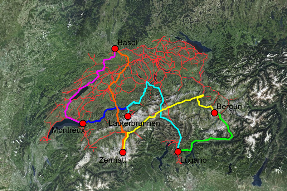 treintrajecten in Zwitserland